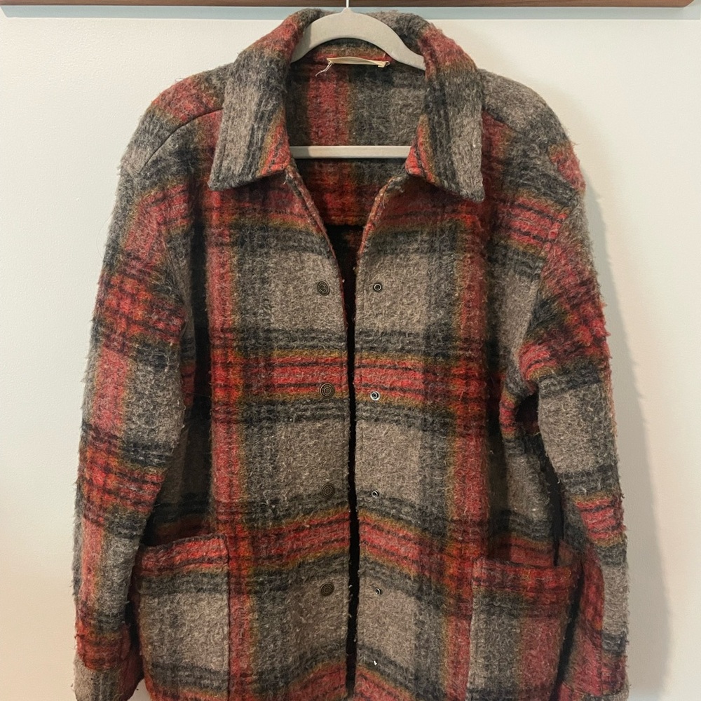 American Vintage Plaid Teddy Coat in Gray, Red & Brown Tones
